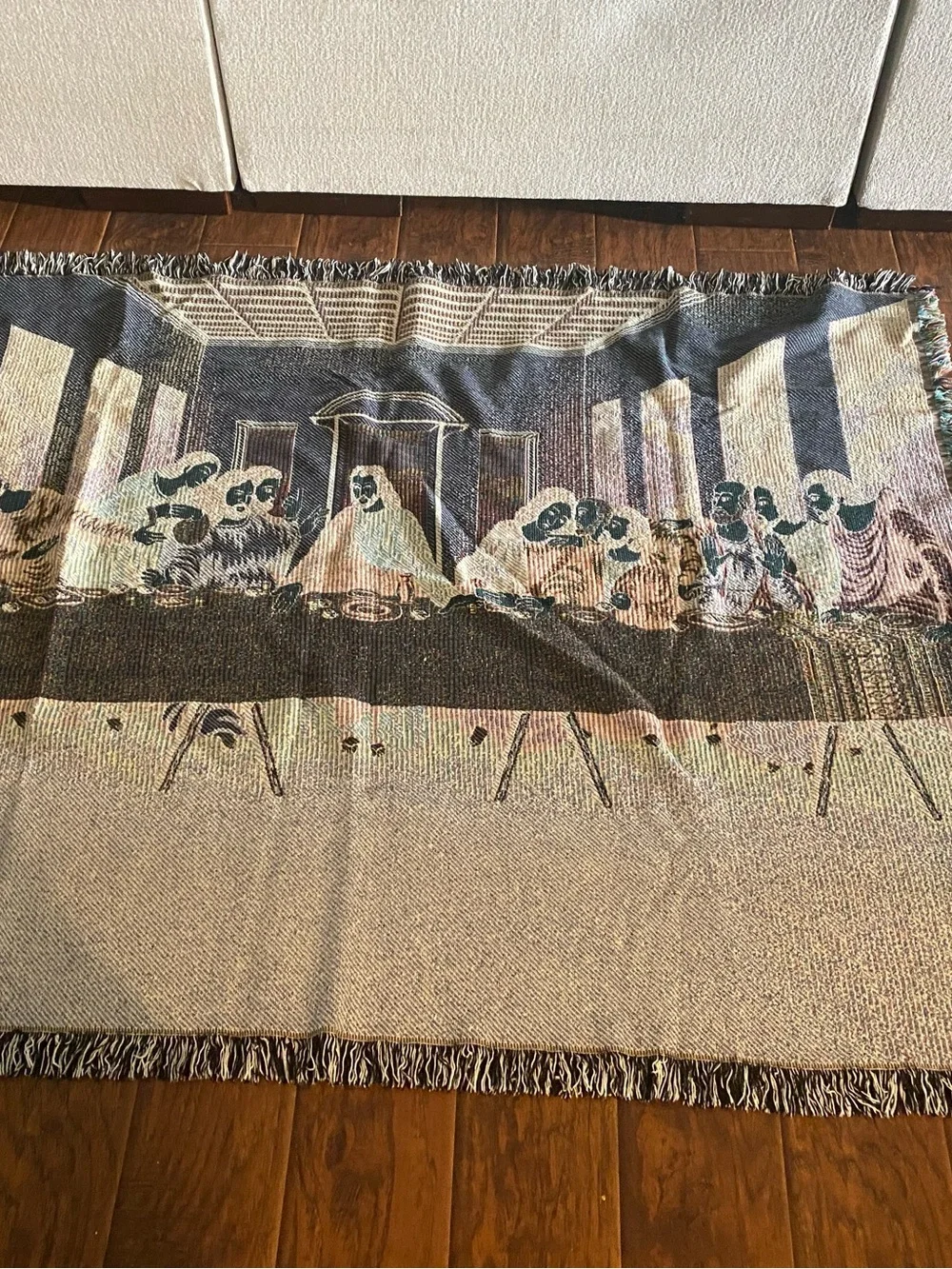 Vintage THE LAST SUPPER Throw Blanket Jesus Apostles Religious Tapestry Fringe